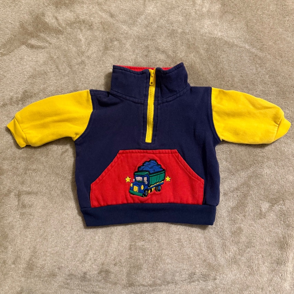 Vintage Small Steps Kids Quarter Zip Sweatshirt Navy Yellow Red Dump Truck 24M